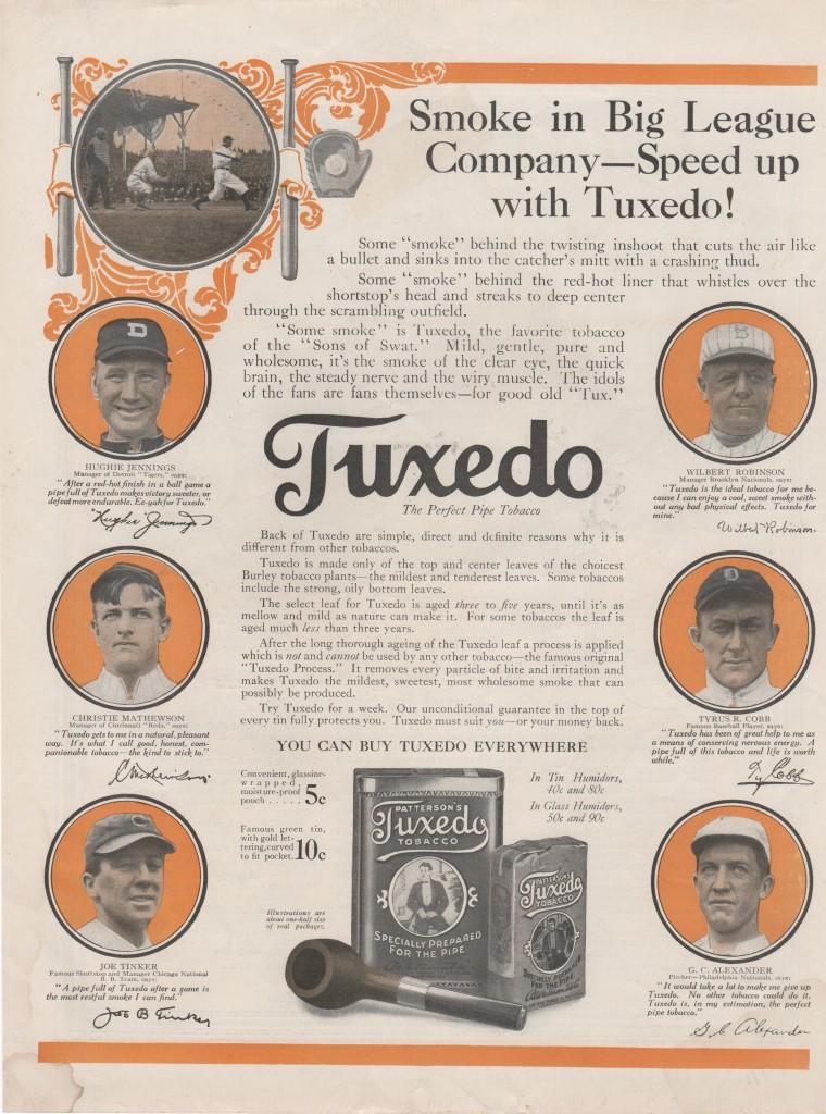 Cubs shortstop Joe Tinker calls Tuxedo tobacco, 