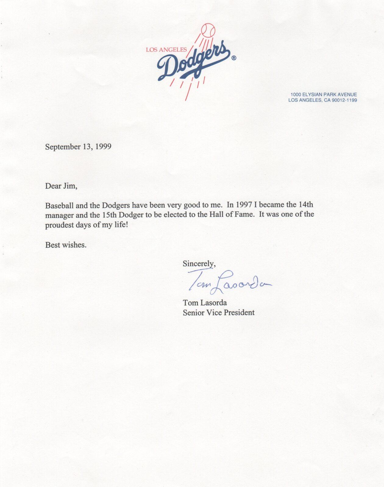 Tom Lasorda Autographed Signed Losangeles Dodgers,Ws Champs,HOF 97