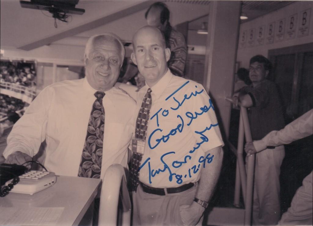 Tommy in the press box in August, 1998, one year after his retirement