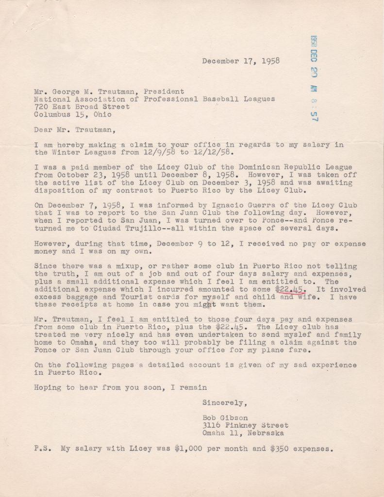 Gibson files a dispute from his time in the Dominican in 1958