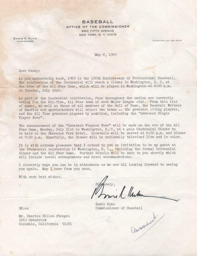 Bowie Kuhn invites Casey Stengel to Baseball's centennial celebration in 1969
