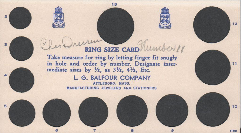 Ring size card for Dodgers 1959 World Series rings