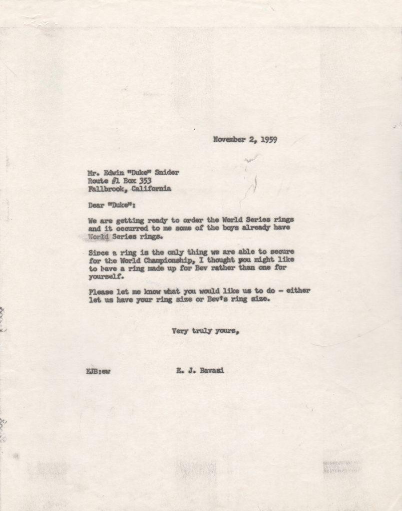 File copy letter to Duke Snider re: 1959 WS rings