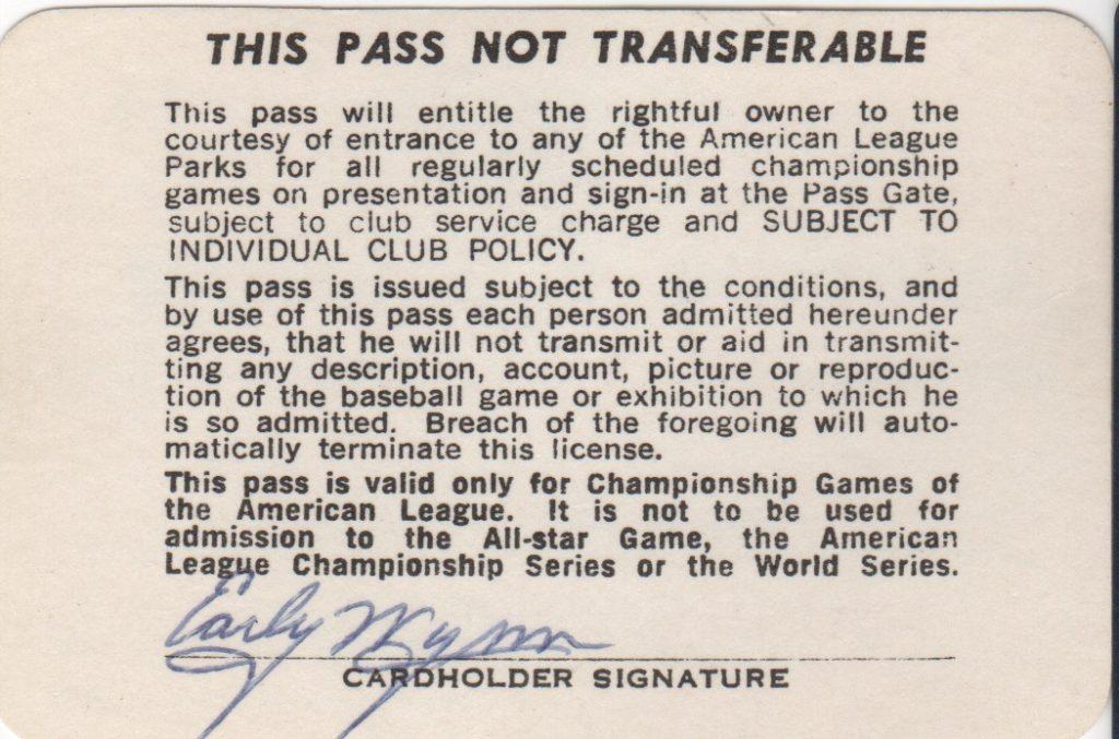 Wynn signed the back of the 1984 pass that let him into all American League games