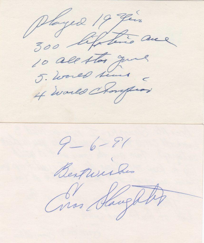 Enos Slaughter 3x5 cards with inscription