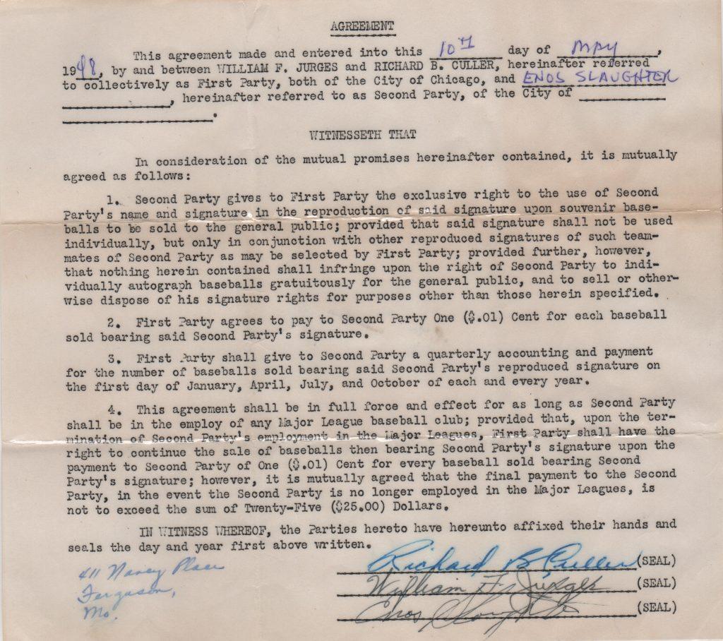 1948 Autoball contract signed by Enos Slaughter