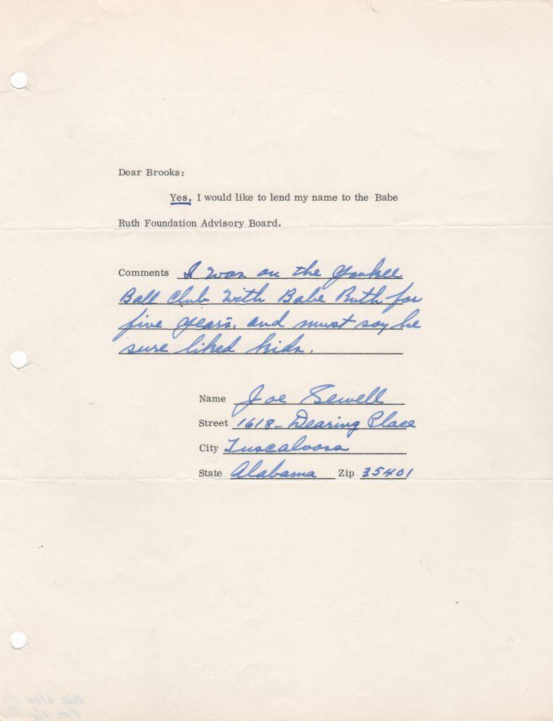 In 1977 Joe Sewell agreed to be on Babe Ruth advisory board
