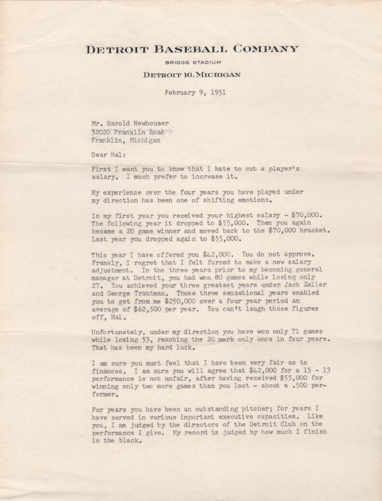 Evans negotiates 1951 contract for HoFer Hal Newhouser as Tigers GM