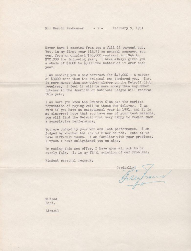 Second page of letter from Tiger GM Billy Evans to ace Hal Newhouser