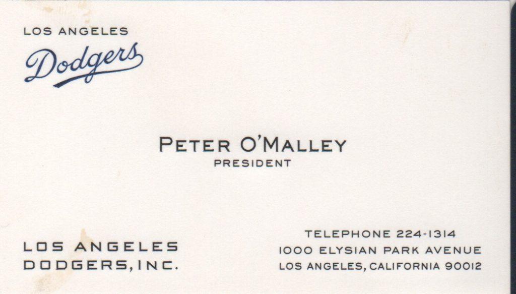 Peter O'Malley business card as President of the Dodgers