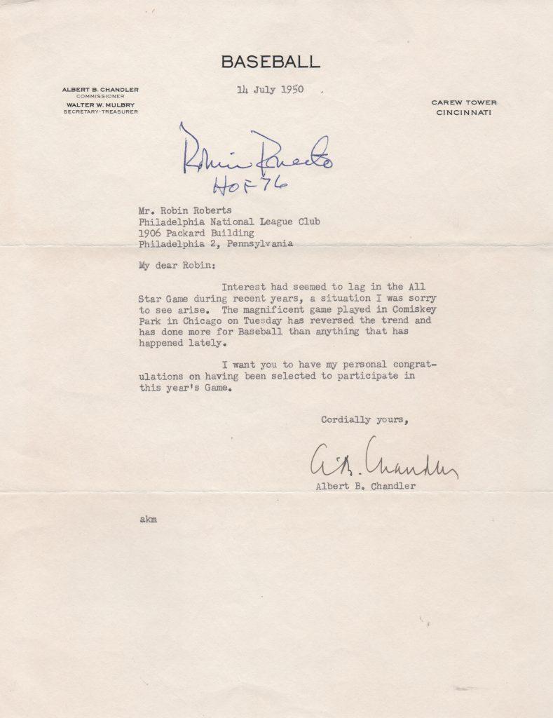 Chandler writes to Robin Roberts to congratulate him on the 1950 All Star game