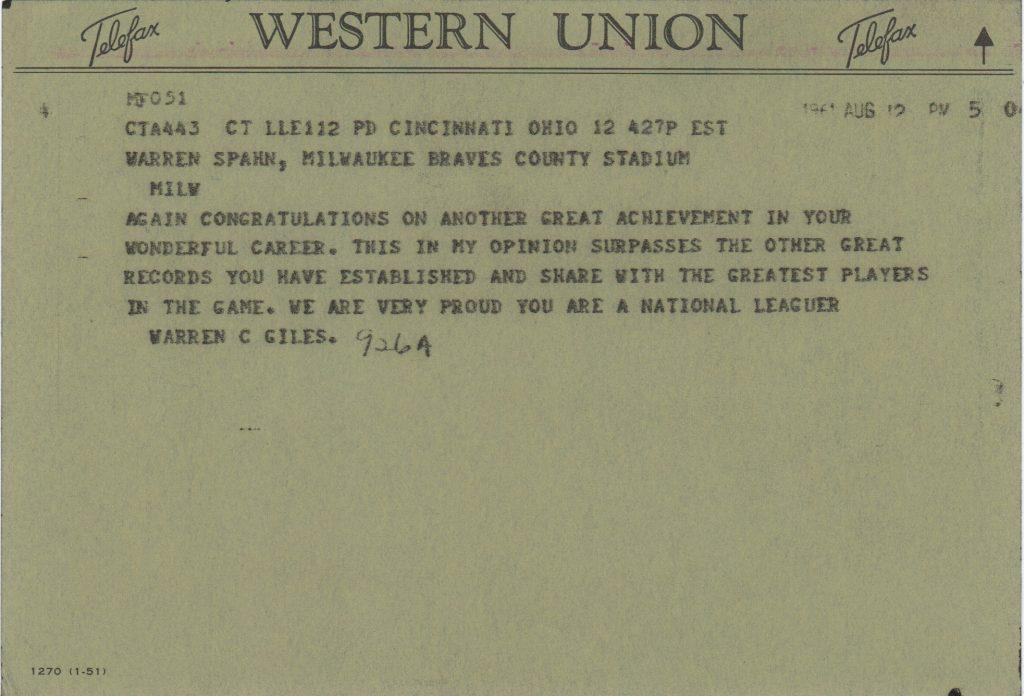 Congratulatory telegrams sent by Warren Giles to Warren Spahn after his 300th win