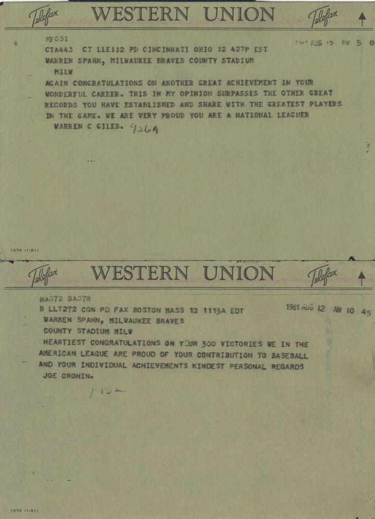 When Warren Spahn tied Grove on the wins list, the league presidents offered their congratulations