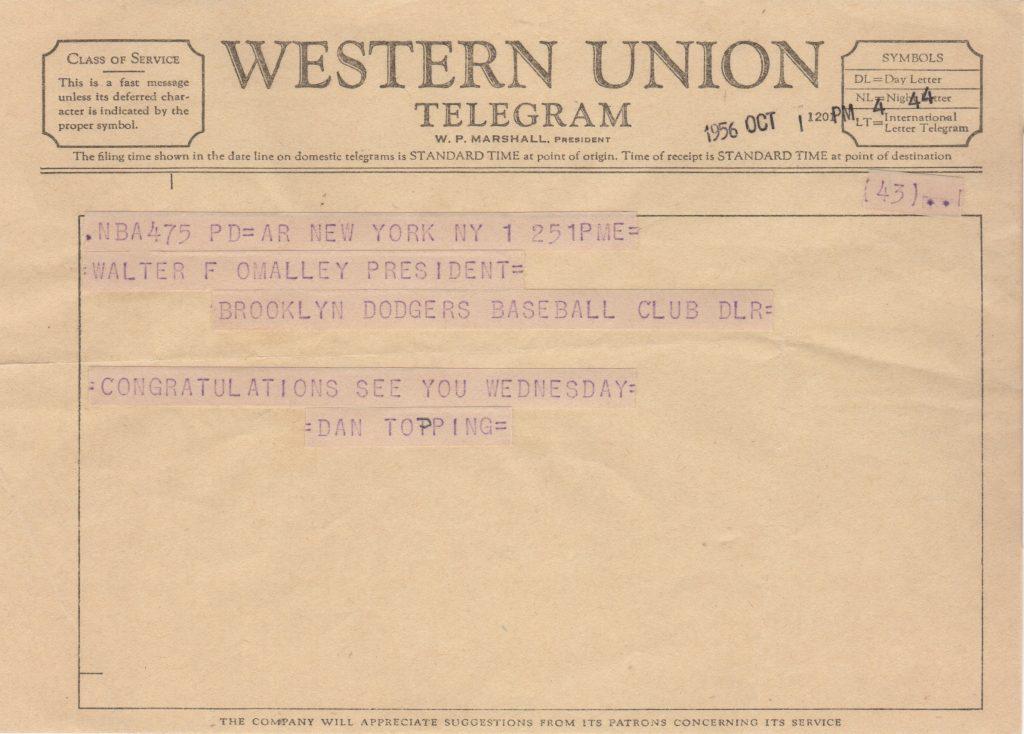 Topping telegram congratulating Walter O'Malley for winning the NL