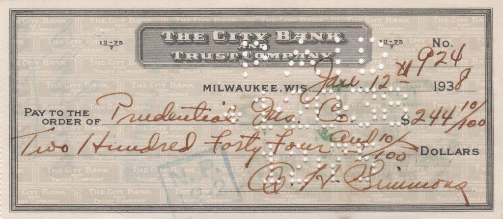 Al Simmons personal check from 1938