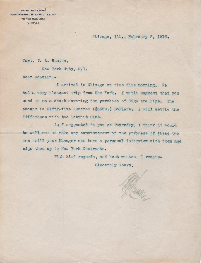 Ban Johnson writes to Yankee owner T.L. Huston in 1915 re: Wally Pipp