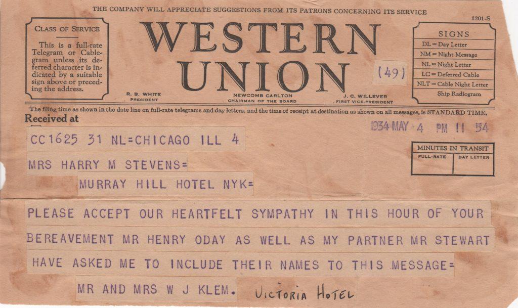 Bill Klem sent this telegram about the inventor of the hot dog on behalf of Hank O'Day