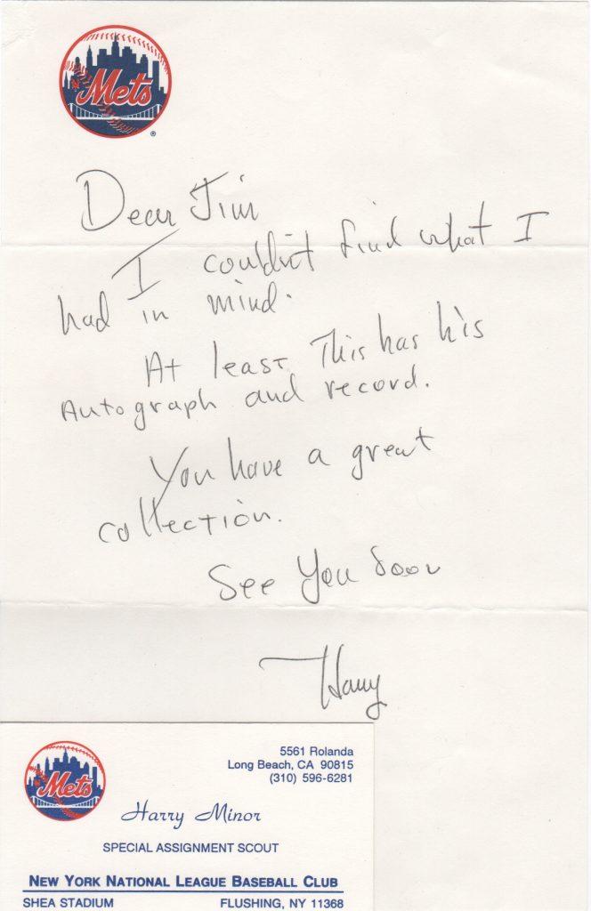 Handwritten note from Mets scout Harry Minor 