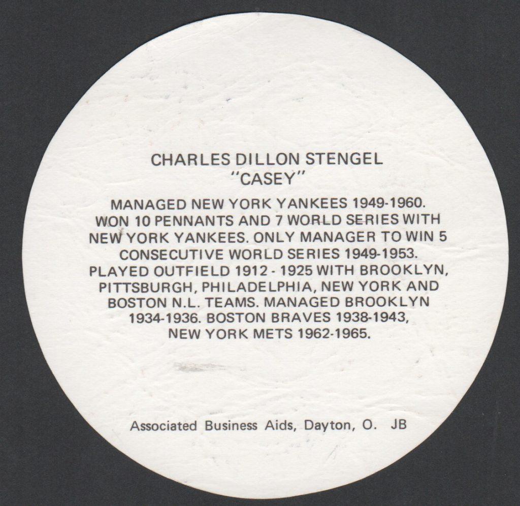 Reverse side of autographed paper baseball