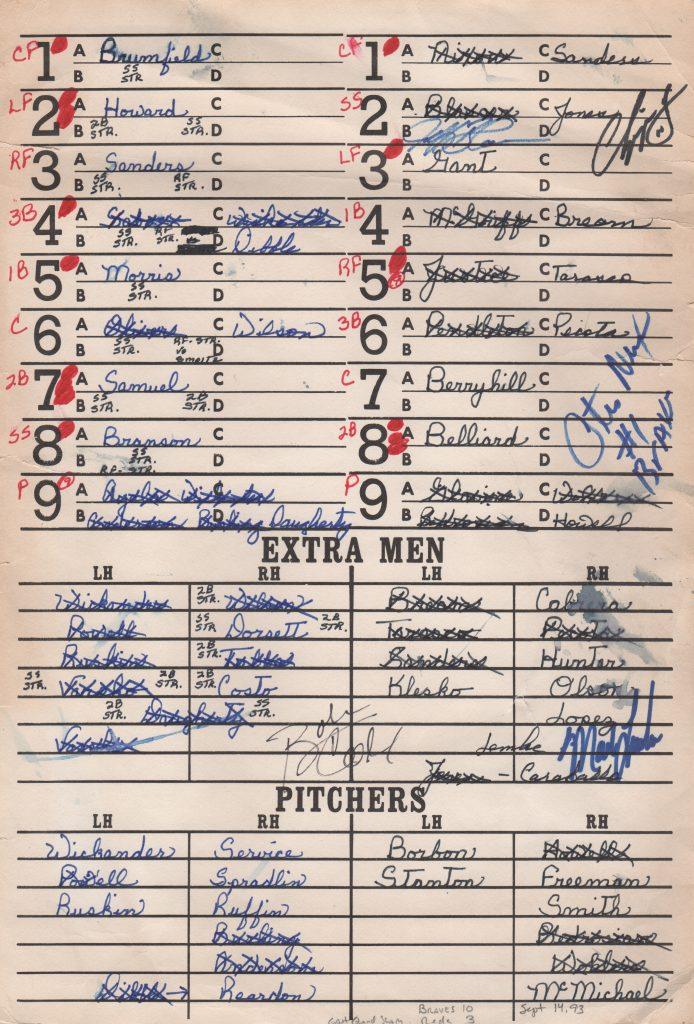 Bobby Cox signed dugout lineup card from game that featured Chipper Jones' first MLB hit