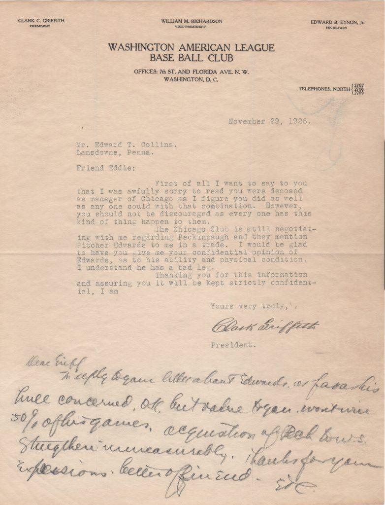 A 1927 trade sent Peckinpaugh from Washington to Chicago for his final season