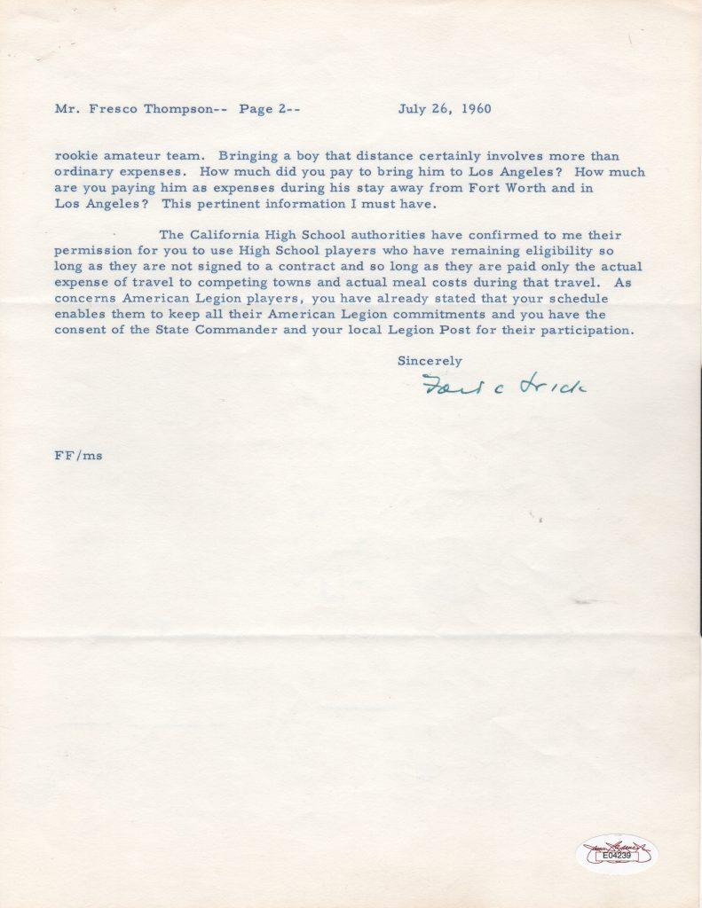 Second page of Ford Frick letter to Dodgers