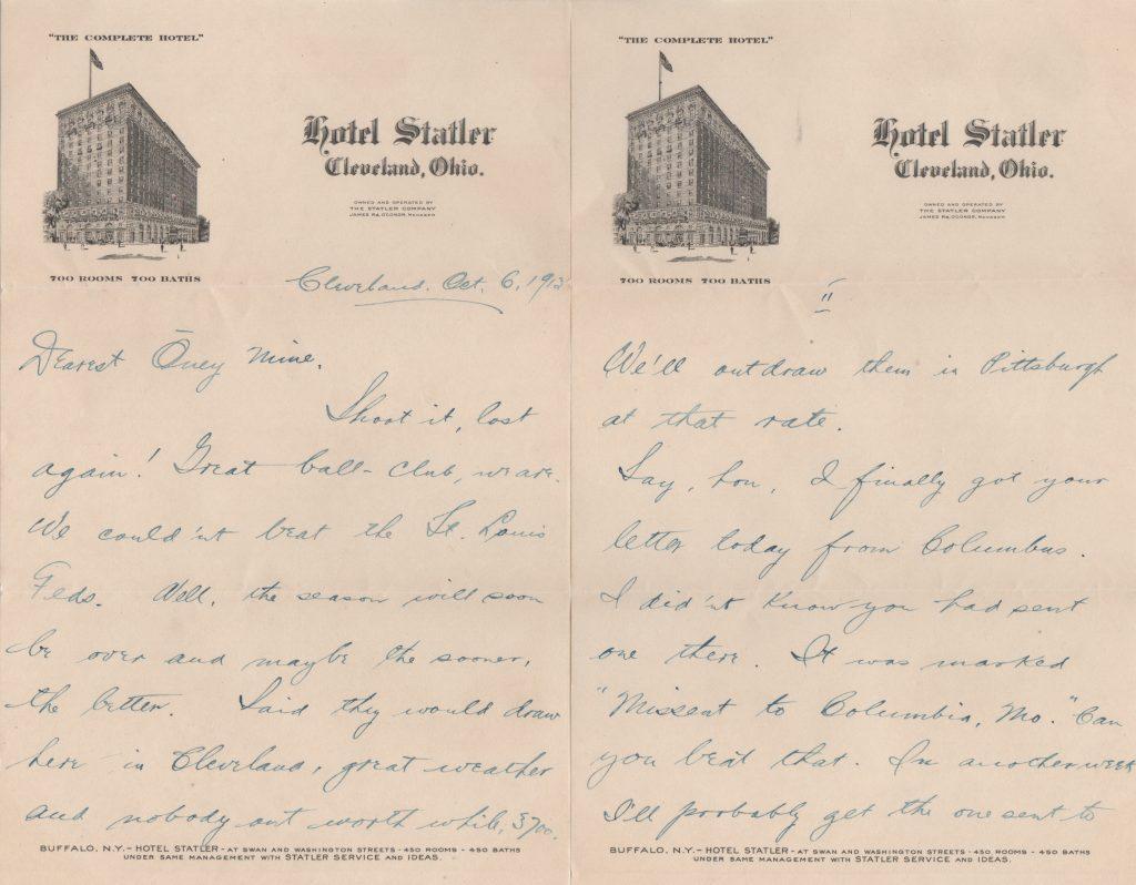Carey wrote this letter to his wife on the last day of the 1913 season
