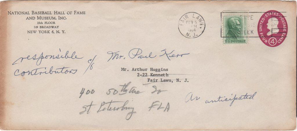 Envelope from HoF to Miller Huggins' brother