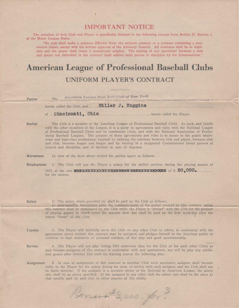 Miller Huggins unsigned 1923 contract, page 1