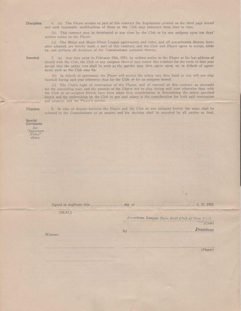 Miller Huggins unsigned 1923 contract, page 2