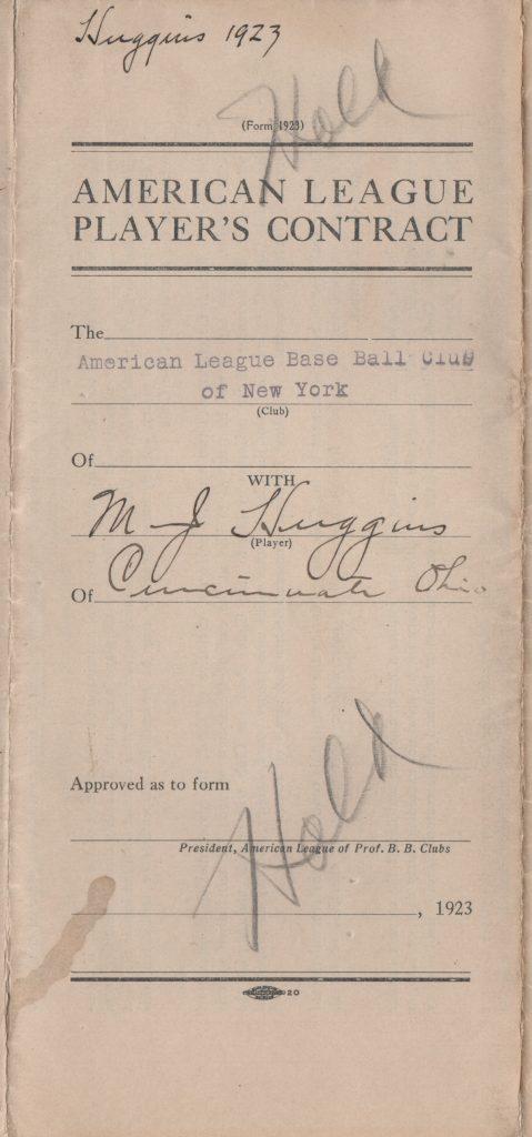 Miller Huggins unsigned 1923 contract in tri-fold postion