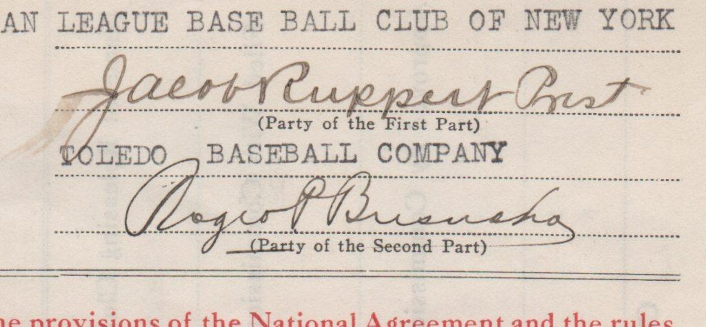 Closeup of Roger Bresnahan and Jacob Ruppert signatures