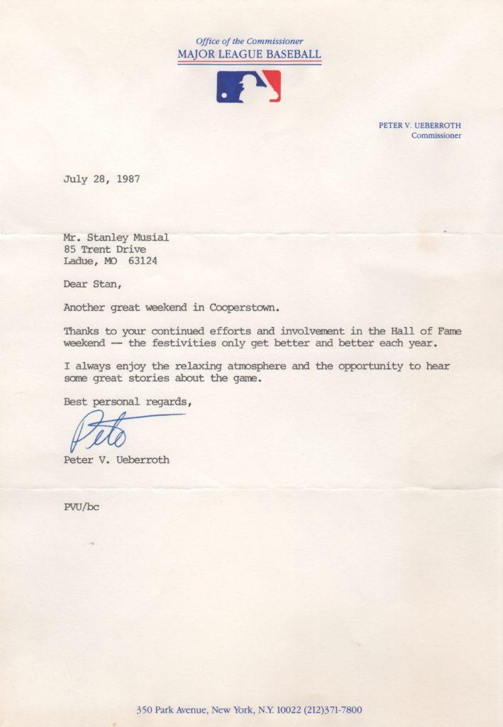 Peter Ueberroth letter to Stan Musial after Hall of Fame induction weekend