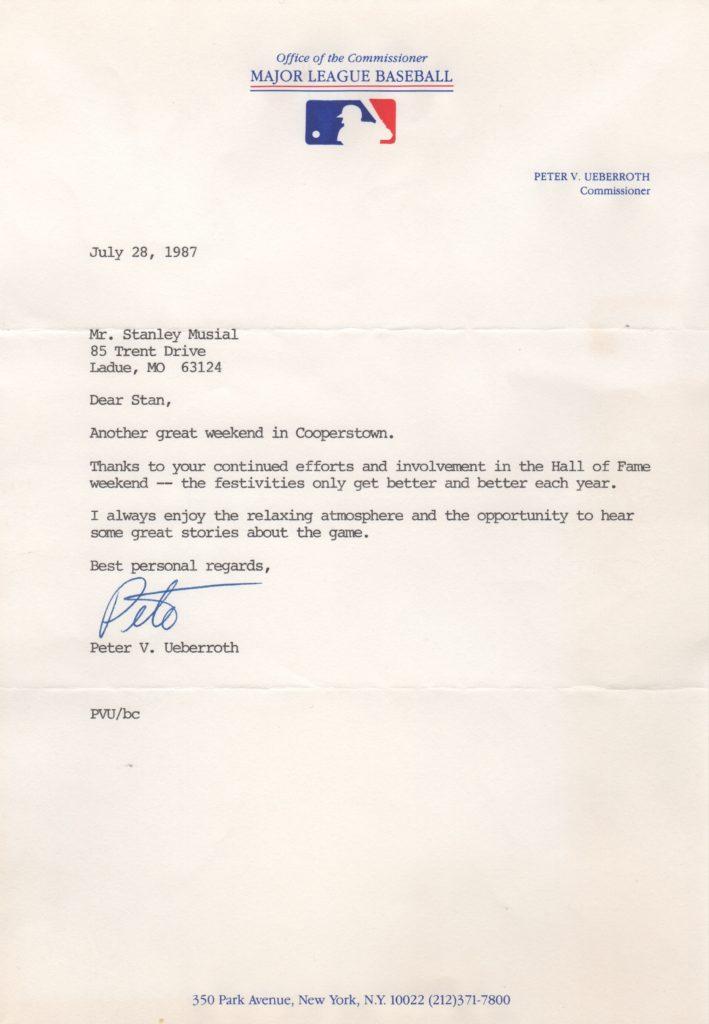 Peter Ueberroth letter to Stan Musial after Hall of Fame induction weekend