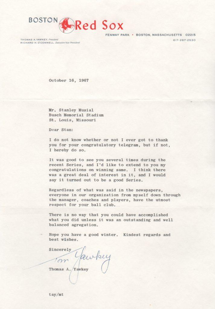 Here's the letter from Boston owner Tom Yawkey to Cards GM Stan Musial