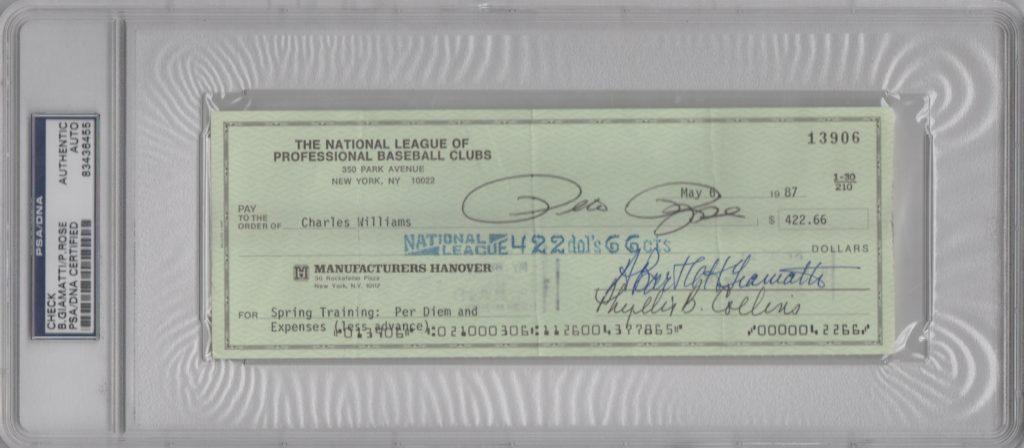 Bart Giamatti handed down Pete Rose's lifetime ban; both signed this check