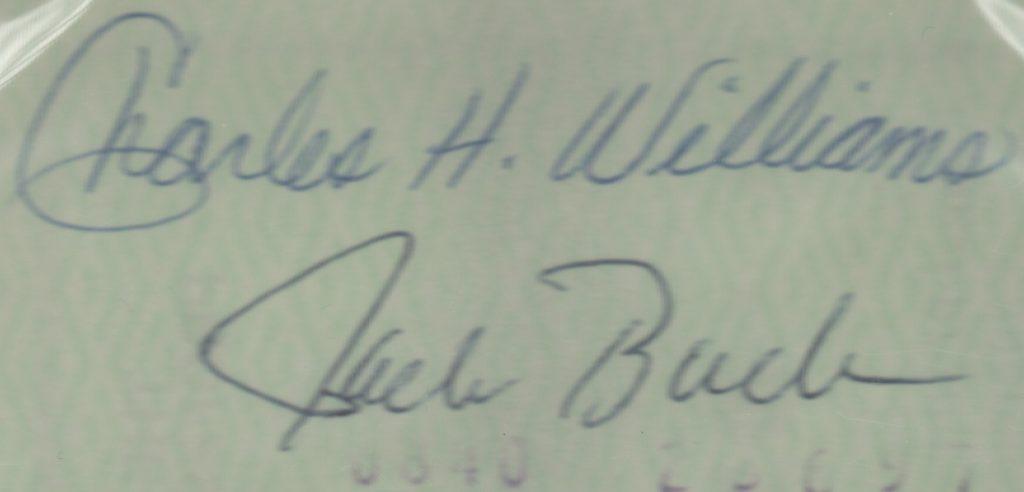 Reverse of Rose/Giamatti-signed check is endorsed by Charlie Williams and Jack Buck