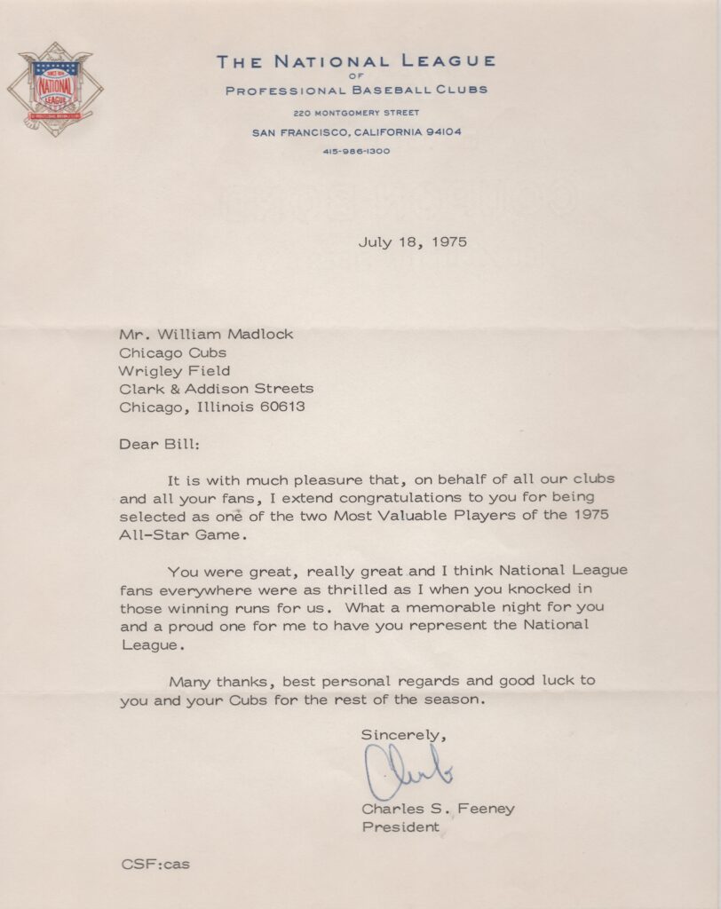 In this letter NL president Chub Feeney congratulates 1975 All Star co-MVP Bill Madlock 