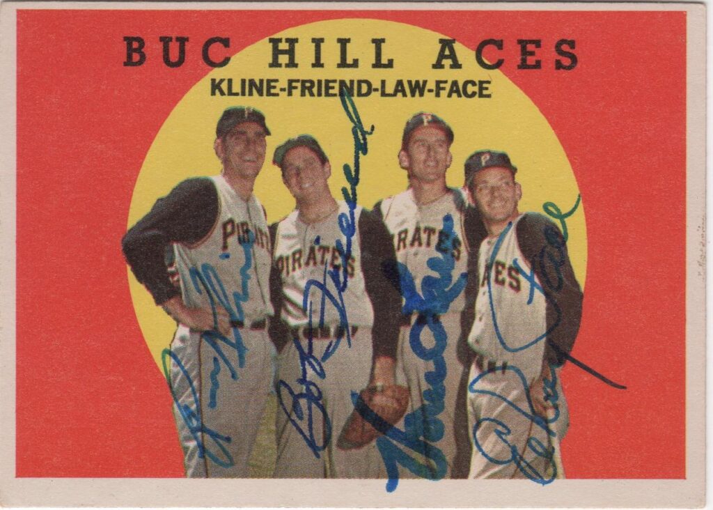 Friend and Pittsburgh pitchers sign this 1959 Topps offering