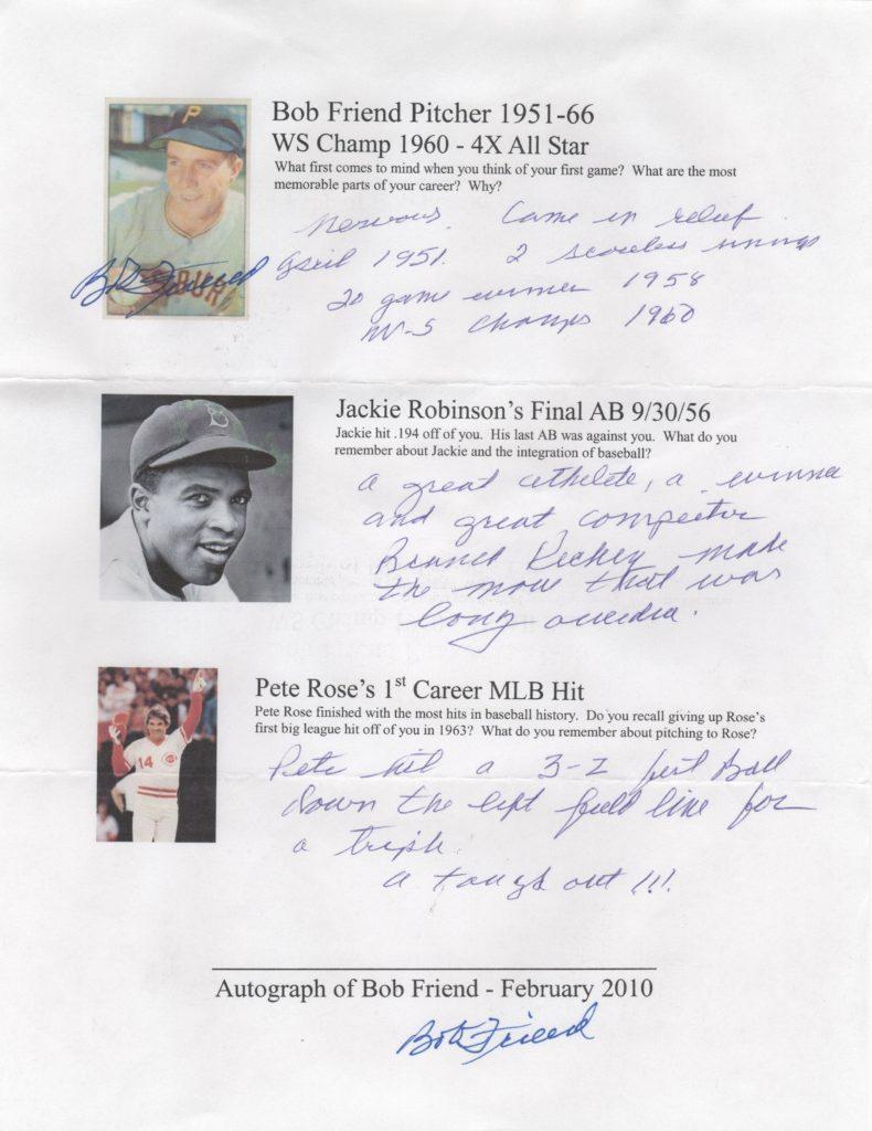 Friend gave up Pete Rose's 1st MLB hit and faced Jackie Robinson in his final at bat