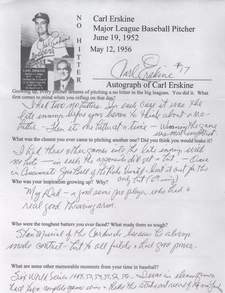 Questionnaire filled out and signed by Carl Erskine about his two no-hitters and his World Series gem