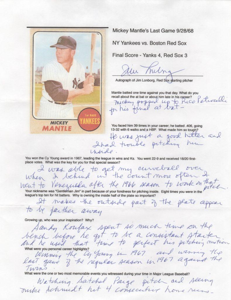 Thoughts from Jim Lonborg, the last pitcher to face Mickey Mantle