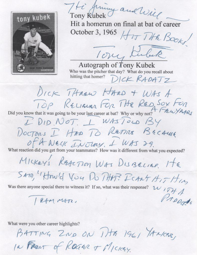 Tony Kubek filled out and signed questionnaire about his career