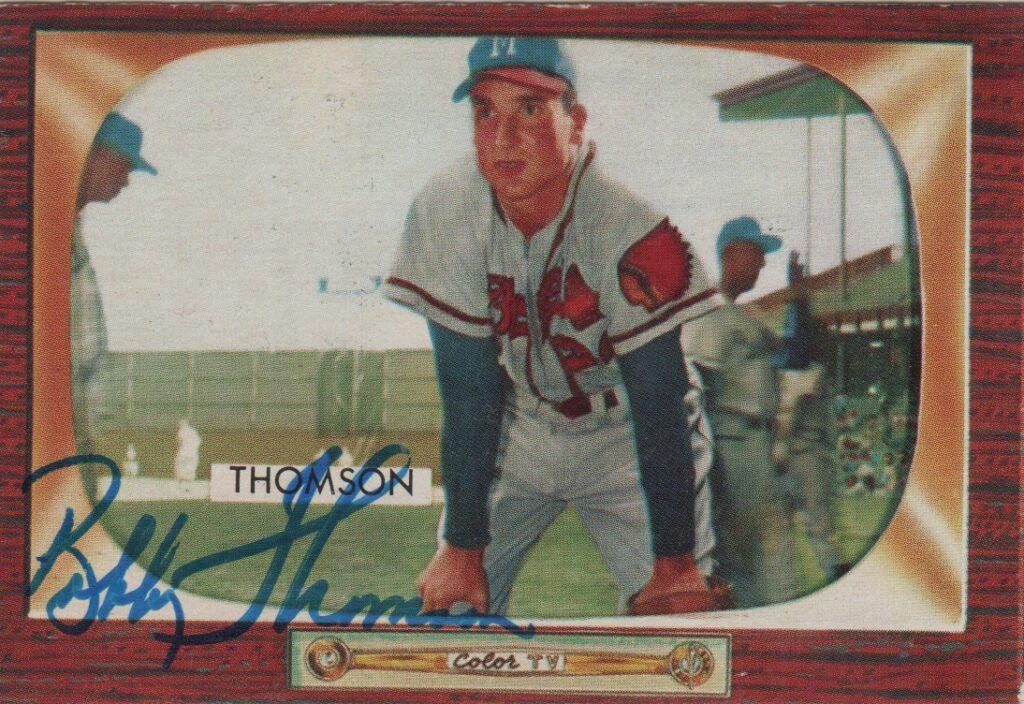 Bobby Thomson autographed 1955 Bowman baseball card as outfielder for the Milwaukee Braves