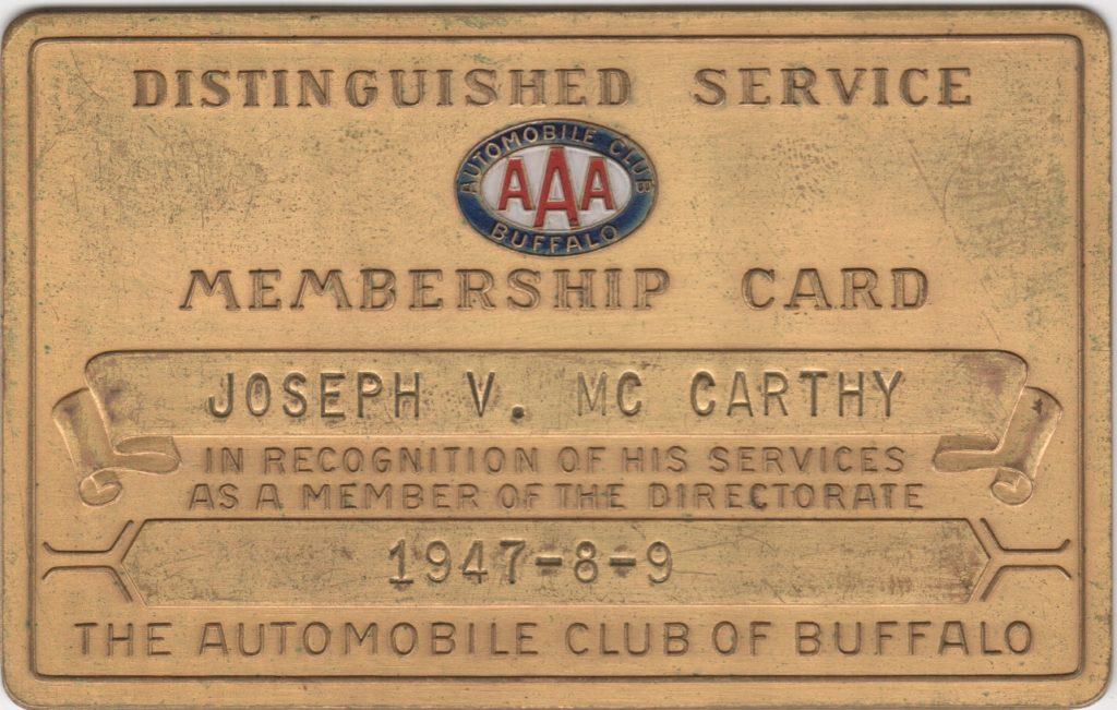 1947-49 Joe McCarthy Distinguished Service Membership Card from the autoclub