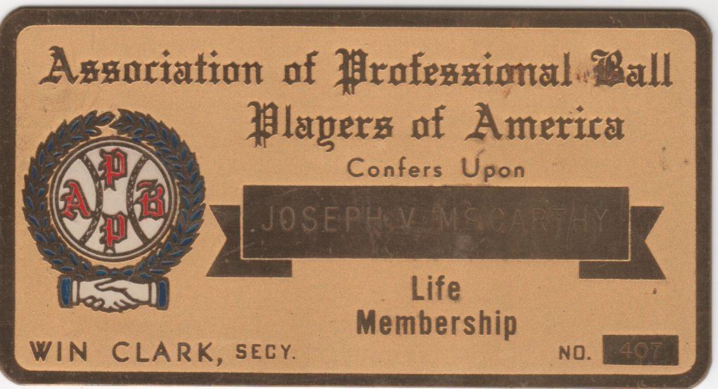 Joe McCarthy's life membership to the Association of Professional Ball Players of America 