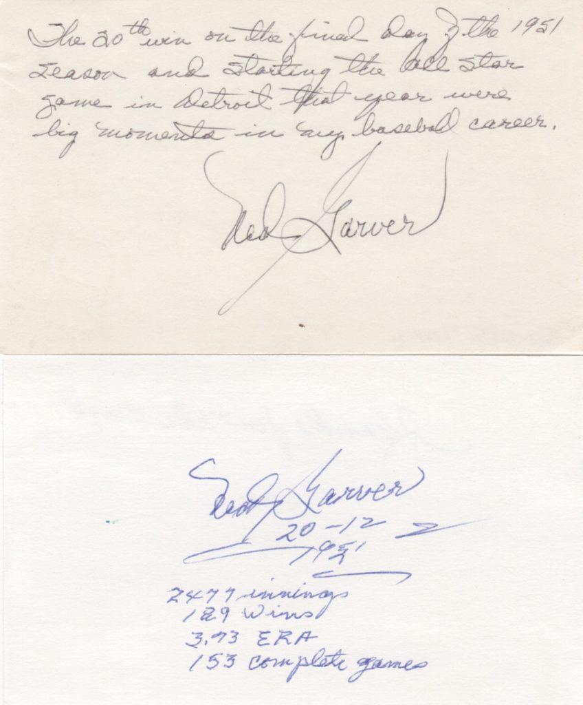 Ned Garver signed 3x5 cards with inscriptions of career highlights