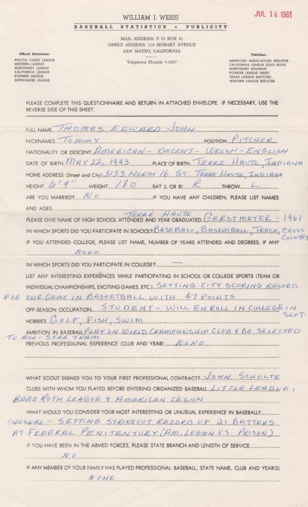 An 18-year old Tommy John filled out this questionnaire 