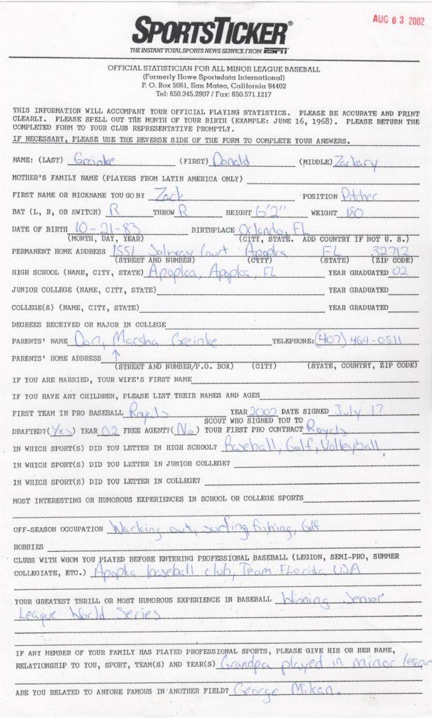 ESPN SportsTicker questionnaire filled out by an 18-year old Zack Greinke two years before MLB debut
