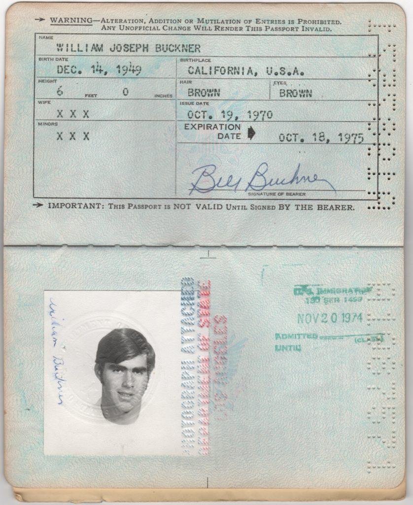 Here is the signature page of Bill Buckner's 1970 personal US passport